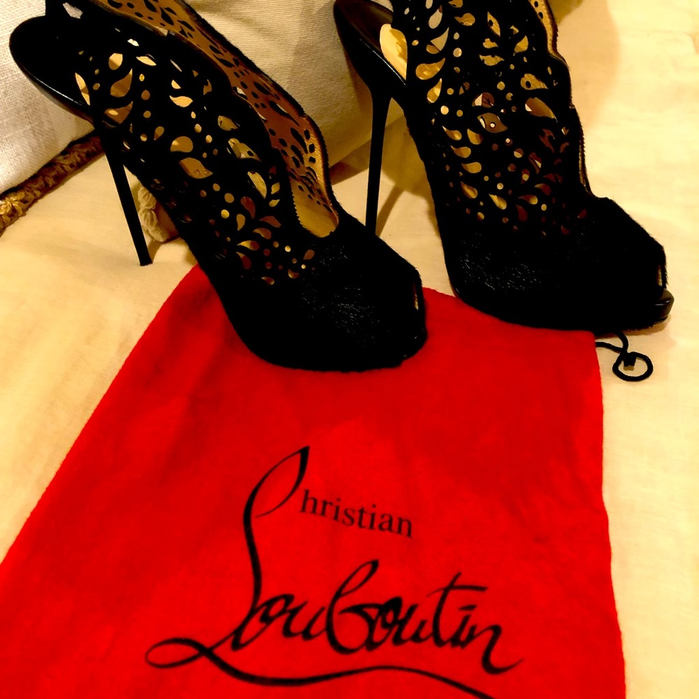 Christian Louboutin Black Pony Hair, Peeptoe, Slingback, Laser Cut Stilletos
